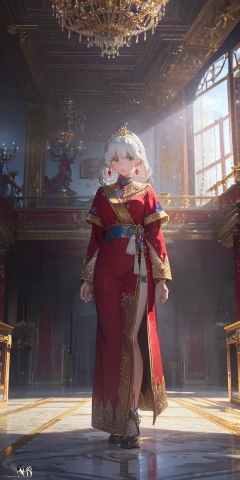 1Girl, full body, elegant, white hair, green eyes, intricate red gown, silver earrings, palace interior background, golden chandelier, highest quality, highly detailed, 4k, 8k, UHD, to scale, anime