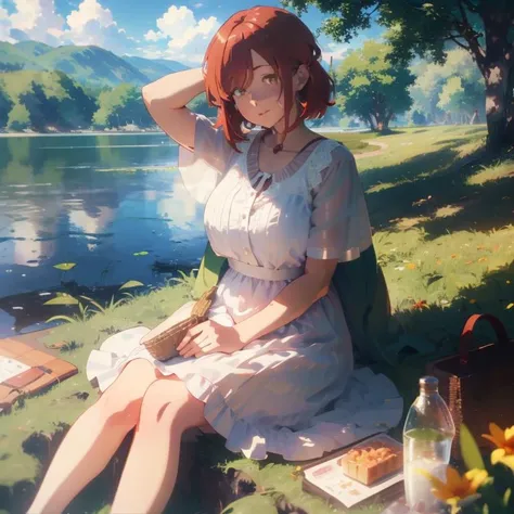 1Girl, mature, American, redhead, medium hair, yellow eyes, sitting on a picnic blanket near a lake, elegant summer dress, happy, grass, tree, lake, clouds, highest quality, highly detailed, 4K, 8K, UHD,