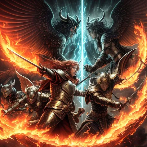 masterpiece, atmosheric light, 8k, hi-res, ultra detailed, angel, demon, angel and demon fighting with swords and magic against each other, fight, epic, effects, magic, spells, trace, fire, light,