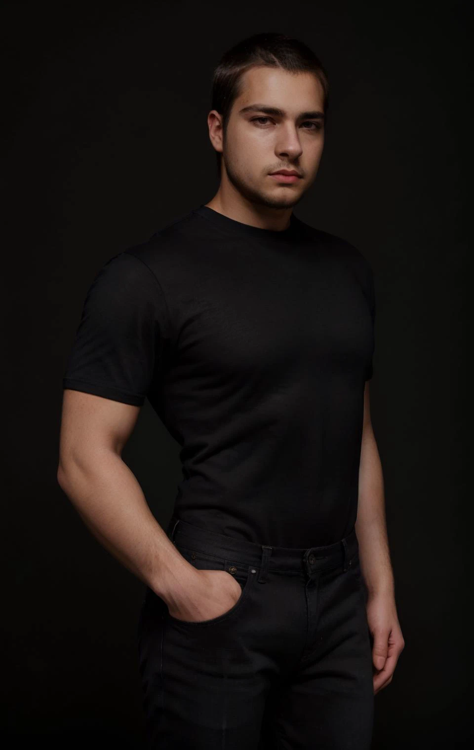 handsome man, 1man, full body, studio portrait, (clean plain flat black background:1.1), high key lighting, dramatic, black shirt, jeans, dynamic pose,  masterpiece, 8k, deep skin  <lora:MatthewE_LoRA:0.7>