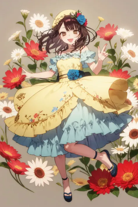 full body, solo, 1girl, :D upper teeth disgusted eyes, looking at viewer, light brown hair, crossed bangs, light brown eyes, dim light, Floss_Flower (flower), floral background <lora:noco_(adamas)_style_v01:1>