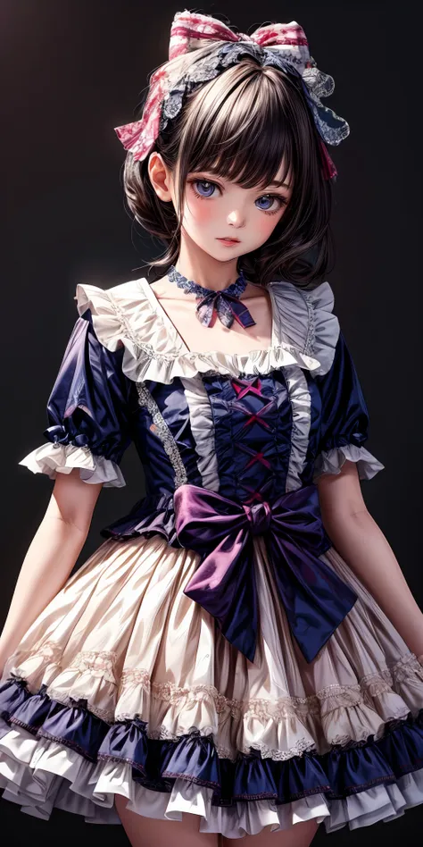 a close up of a doll wearing a dress and a bow