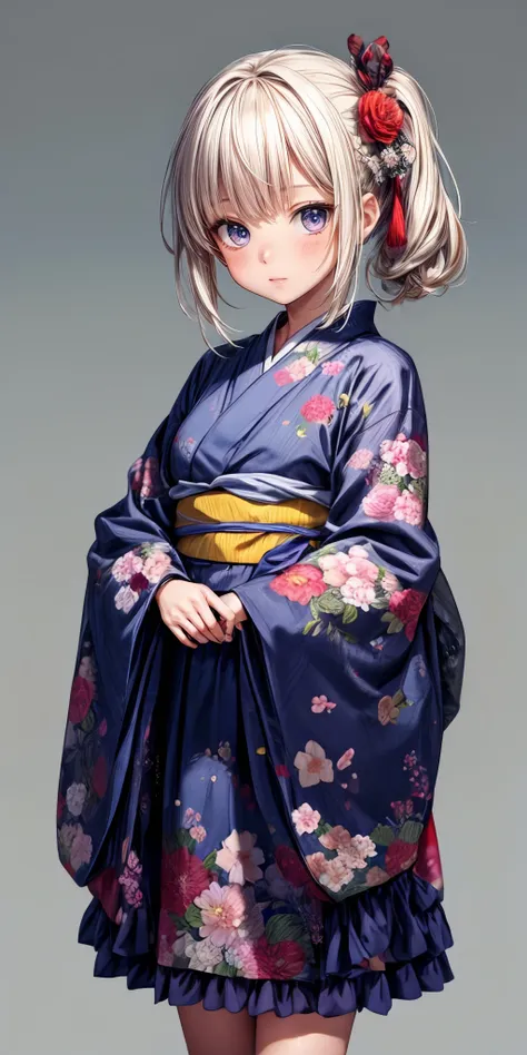 a woman in a kimono dress with a flowered hair