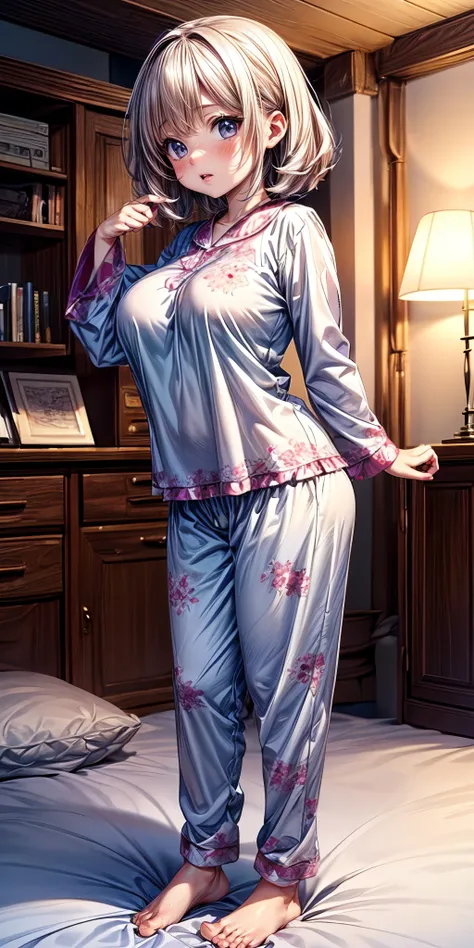 anime - style image of a woman in pajamas standing on a bed