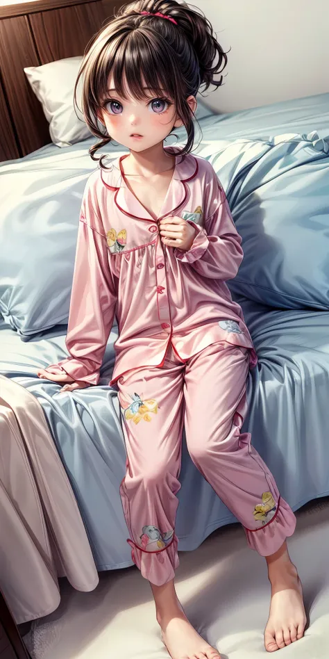 araffe girl in pink pajamas sitting on a bed with a blue sheet