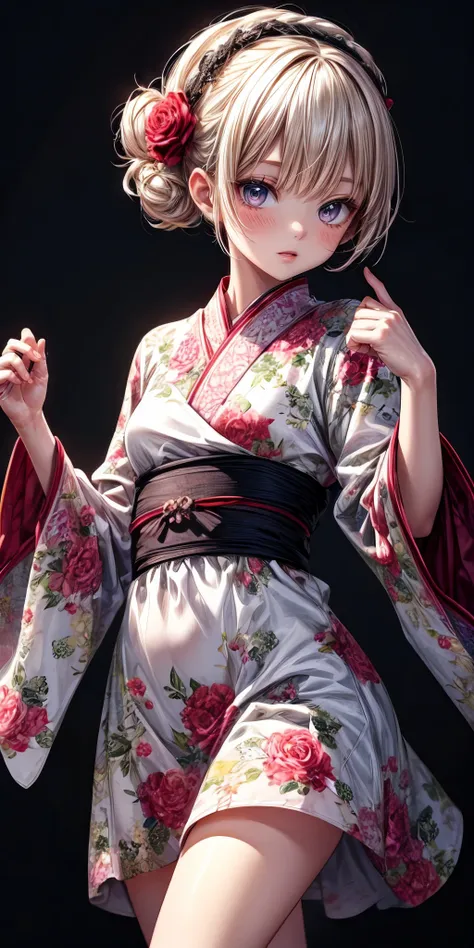 a close up of a woman in a kimono dress with a flower in her hair