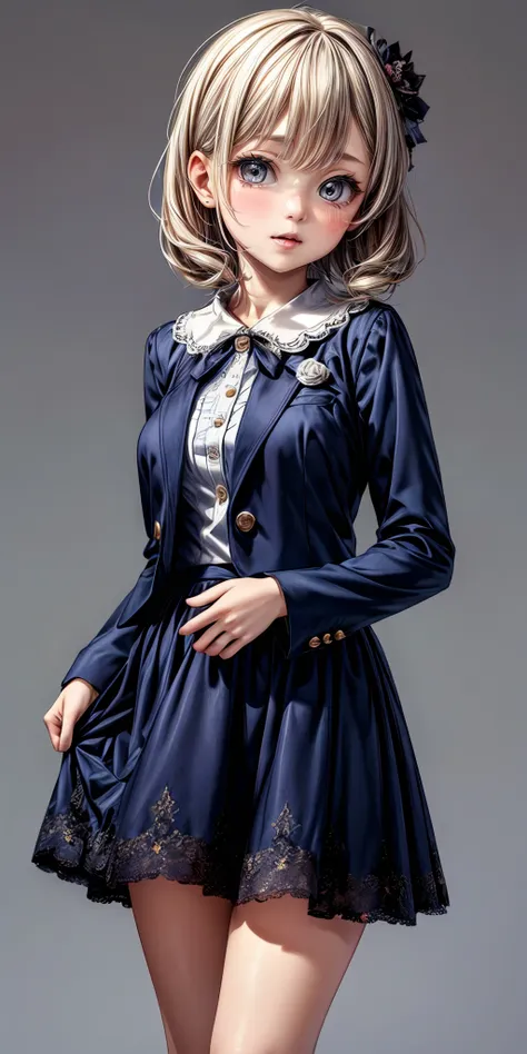 a woman in a blue dress and jacket posing for a picture