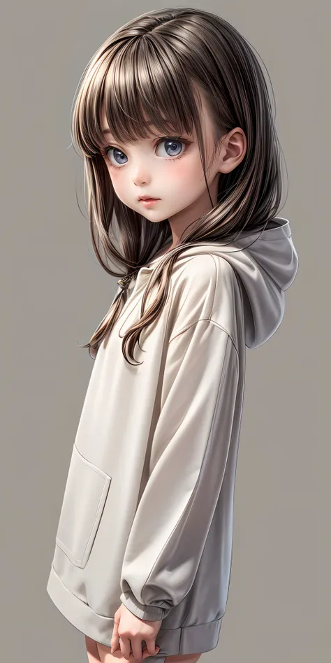 a girl with long hair and a hoodie is standing in front of a gray background