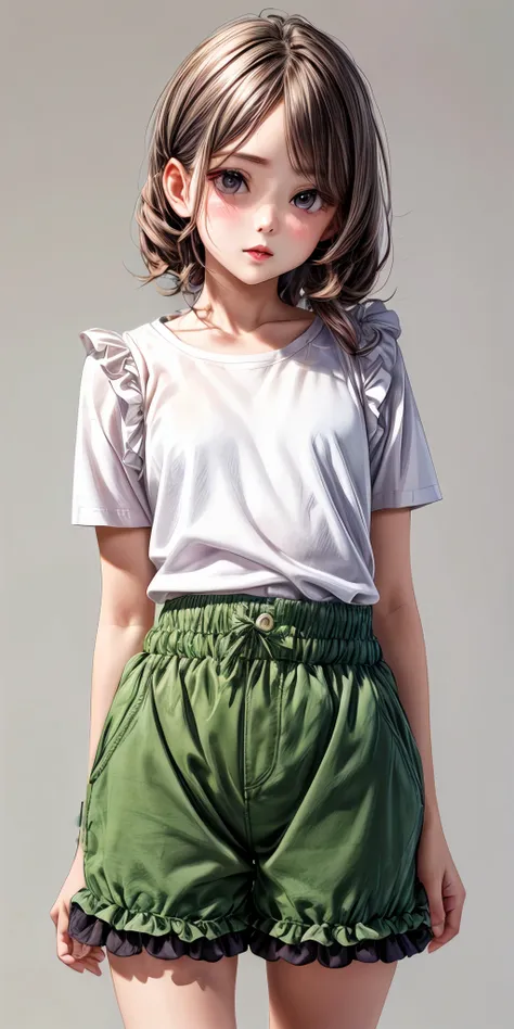 a woman in a short green skirt and a white shirt