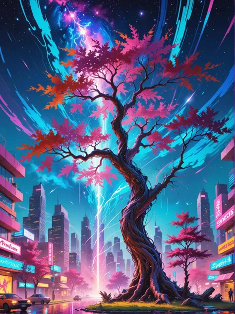 a tree with a pink and blue sky in the background