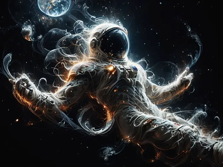 an astronaut floating in space with a glowing orb