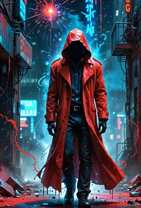 a man in a red coat standing in a city with fireworks