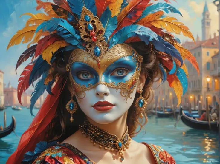 Venice mask,carnival,intricate colors,Artme,romanticism art,(landscape art stylized by Karol Bak:1.3),Paul Gauguin,Cyberpop,short lighting,F/1.8,extremely beautiful,oil painting of