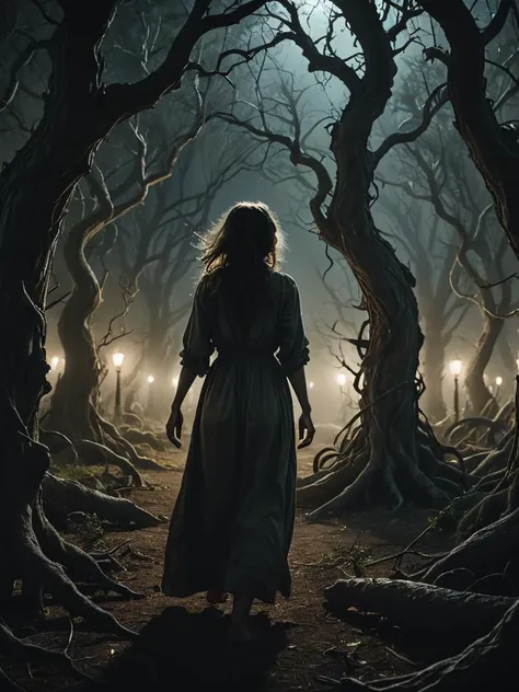 On a dark night, a frightened woman walks through a grove of gnarled trees