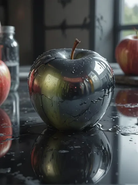 there is a shiny apple sitting on a table with a jar of water