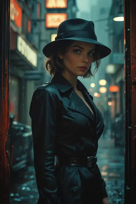 a woman in a black hat and trench coat standing in a doorway