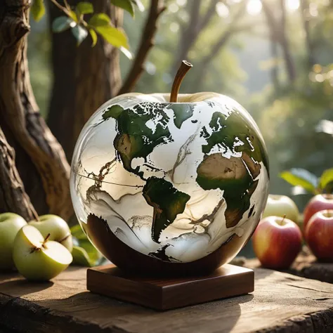 there is a globe on a wooden stand with apples in the background