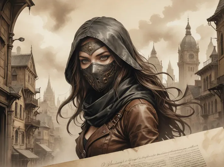 Ink illustration on parchment. In the midst of a steampunk cityscape,a mysterious female assassin emerges,her long hair flowing beneath a dark cowl. Assassin Mask