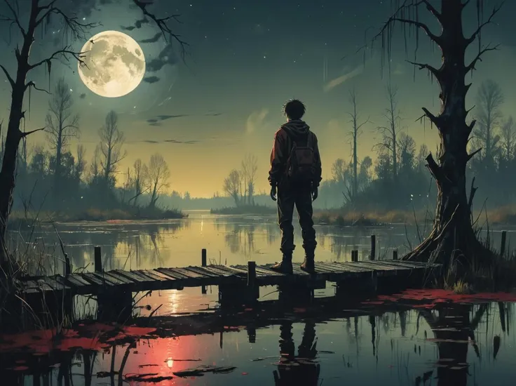 a man standing on a dock looking at the moon