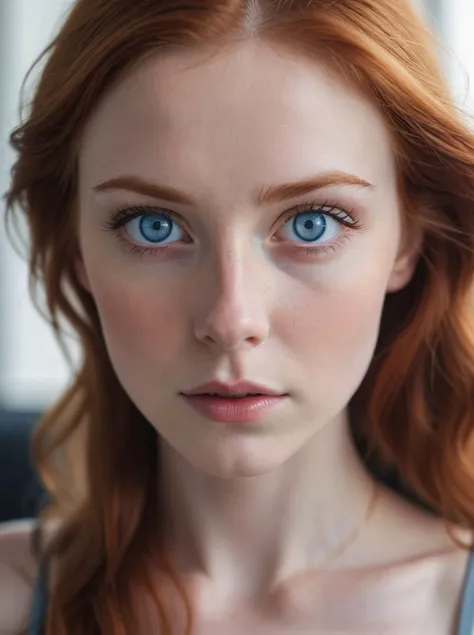 a close up of a woman with red hair and blue eyes