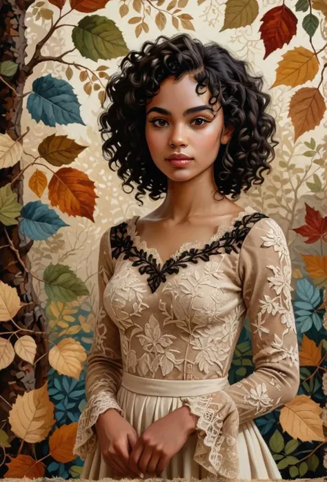 rug hooking style, looped fabric, textured, colorful, patterned in the digital art piece, a 24 year old adult woman with curly black hair is elegantly dressed in a beige lace top that contrasts beautifully with her dark skin. she stands in front of an intr...