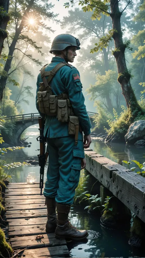 seapunk aesthetic on the worn wooden planks of an ancient bridge, a lone infantryman stands transfixed, his eyes fixed on some distant point beyond the horizon. his weathered face, creased by years of battle and hardship, is illuminated only by the soft, e...