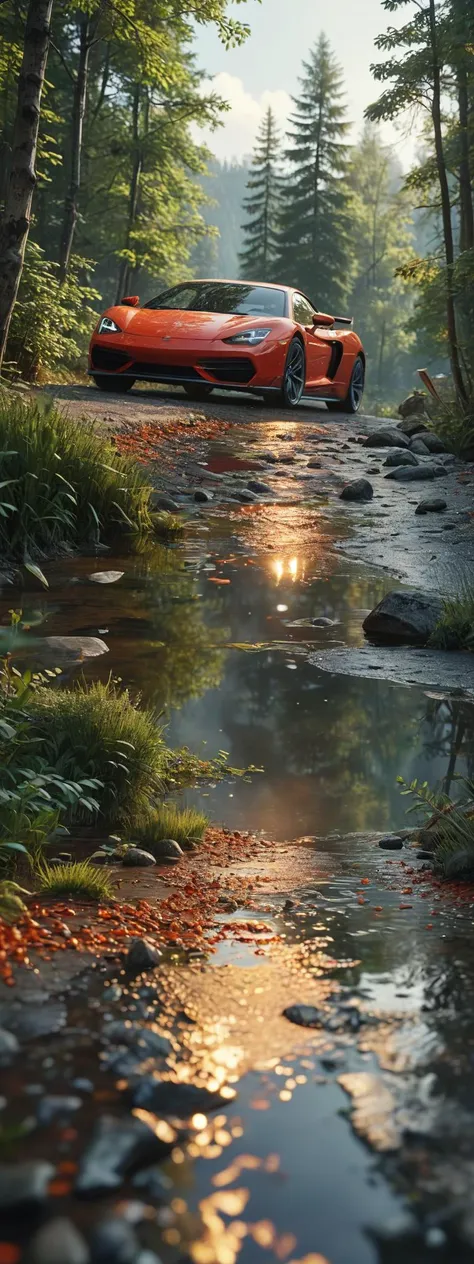 a painting of a red sports car driving down a stream