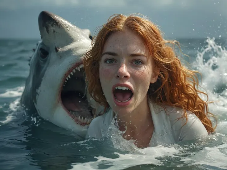 half-body of a woman with long curly ginger hair coming out of an open mouth of a great white shark, panic expression,at sea surface setting with splash effects, Natural lighting, highly detailed, high quality, high definition resolution