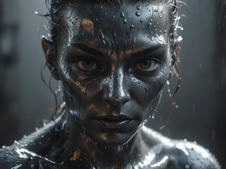 a woman with black paint on her face and body covered in water