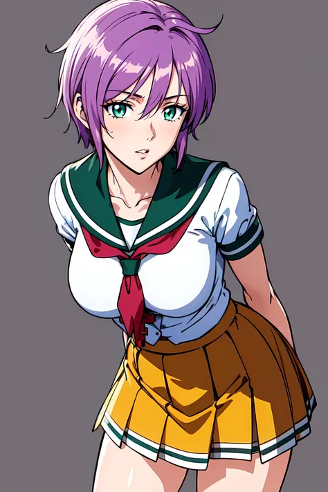 anime girl in uniform with purple hair and green eyes