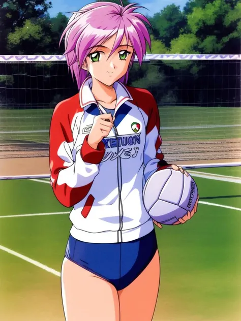 <lora:Yae_Kaori:1>, YaeKaori, 1girl, solo, retro artstyle, holding, buruma, 1990s (style), volleyball,  smile,  holding ball, long sleeves, arm up, pink hair, ball, cropped legs, looking at viewer, gym uniform, cowboy shot, sportswear, clothes writing, vol...