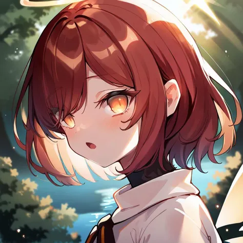 anime girl with red hair and a white shirt looking at the sky