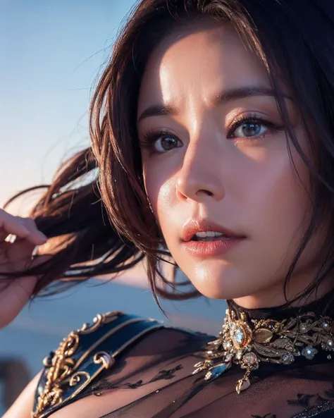 <lora:hd_helper_v1:1>,best quality,high res,8k,1girl,day,bright,outdoor,gorgeous,beautiful detailed sky,(dynamic pose:0.8),soft lighting,wind,shiny skin,looking at viewer,<lora:ruby_lin (æå¿å¦):0.9>,((face closeup)),deep shadow,low key,(photorealistic:...