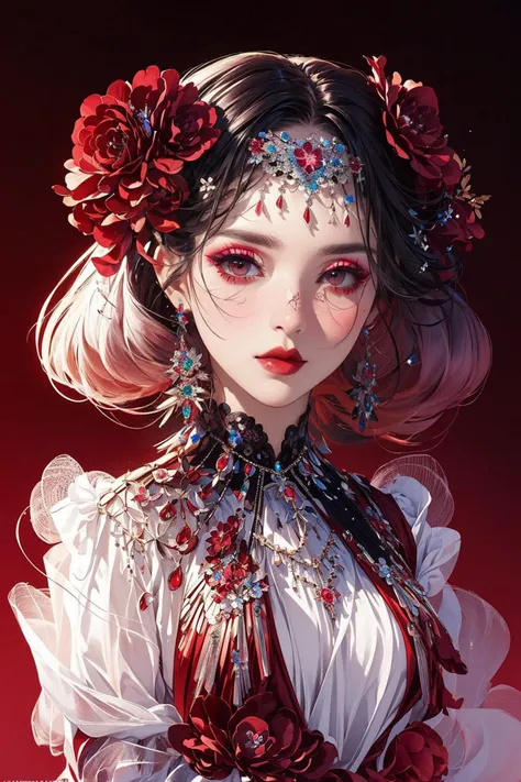 ((masterpiece)), (best quality), official art, extremely detailed CG, unity 8k wallpaper, ultra detailed, 
fashion_girl,  colorful hair,  jewelry,  flower,  bold makeup, burgundy theme,  deep shadow,  dimly lit,  shade, 
portrait, (upper body:1.5), (full b...