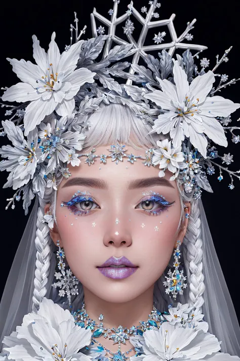 white theme, snowflakes, looking at viewer, portrait, colorful hair, jewelry, close up, ultra high res, deep shadow, (best quality, masterpiece), dimly lit, shade, highly detailed, bold makeup, flower, simple background, depth of field, film grain, fashion...