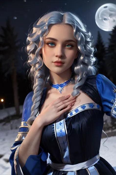 <lora:slavicfantasy:0.6>, slavic style, beautiful young woman, traditional blue dress, loose (white|silver) curly hair, flirting with the camera, night time, moonlight, stars || masterpiece, perfect quality, sharp focus, shallow depth of field, 8k