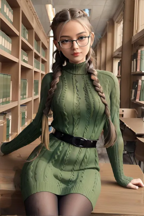 <lora:oversized-jumper:0.5>, woman wearing green belted jumper_dress, braided hair, glasses, tights, library || masterpiece, perfect quality, sharp focus, shallow depth of field, 8k