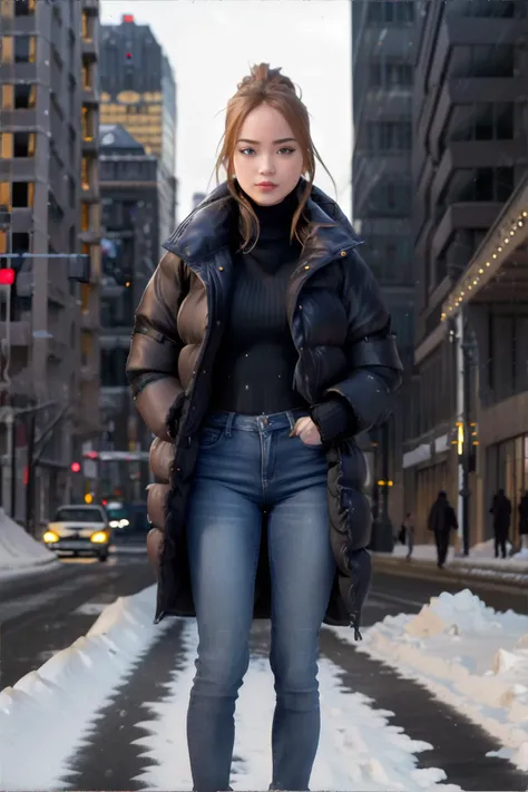 <lora:oversized-pufferjacket:0.5>, woman wearing oversized_puffer_jacket, turtleneck sweater, skinny jeans, city street, winter, nighttime, snow || masterpiece, perfect quality, sharp focus, shallow depth of field, 8k