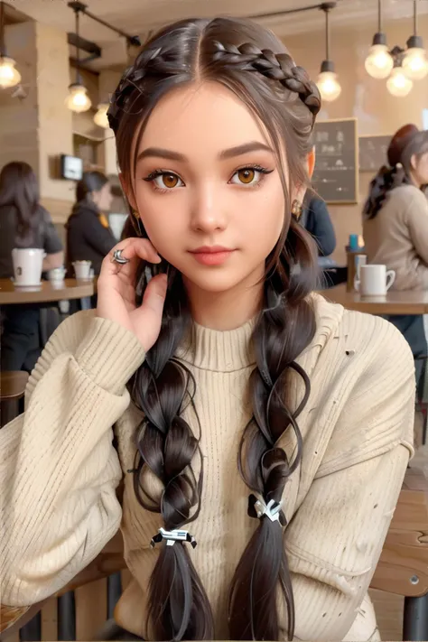 <lora:hairstyles-longbraid:0.5>, long_braid_hairstyle, beautiful woman wearing sweater, coffee shop interior || masterpiece, perfect quality, sharp focus, shallow depth of field, 8k