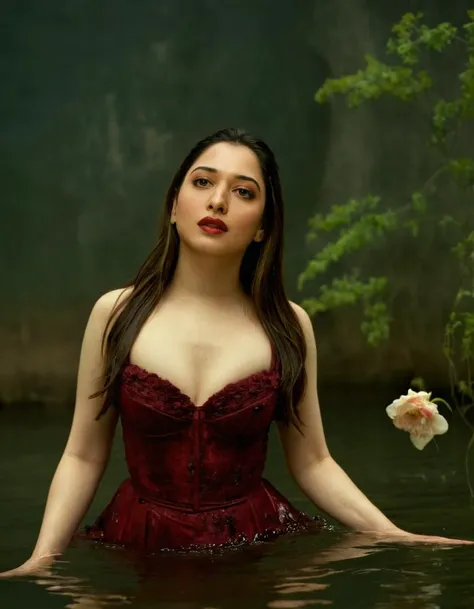 a woman in a red dress is sitting in the water