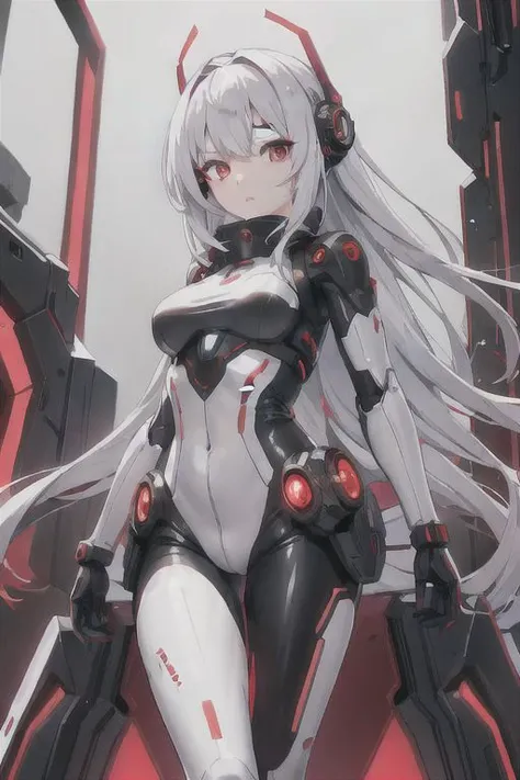 (android girl), red eyes, red core, white hair, futuristic background