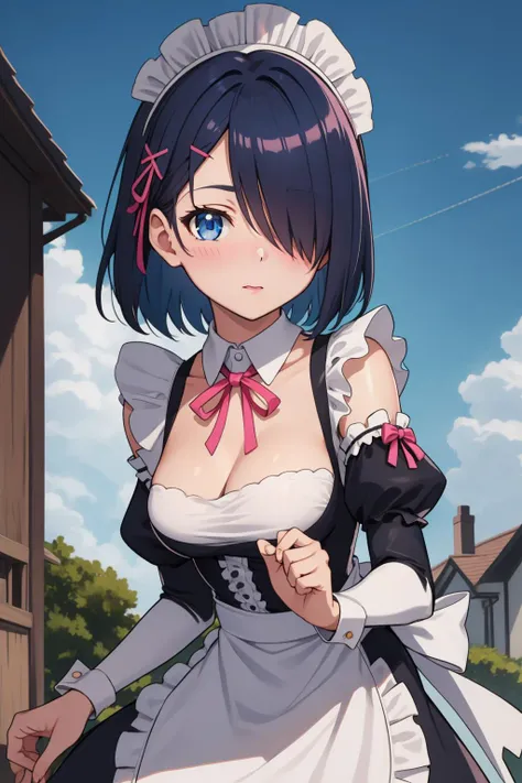 a close up of a woman in a maid outfit holding a knife