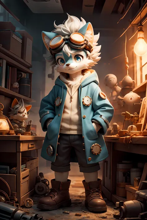 A whimsical and eccentric inventor,with wild curls of silver hair and eyes that shine with a spark of mad genius,surrounded by a workshop filled with gears,gadgets,and peculiar contraptions. Dressed in a patchwork coat and goggles perched on his forehead,h...