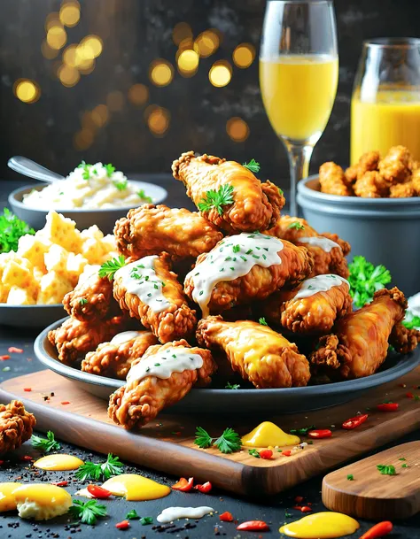 a close up of a plate of fried chicken with sauce and a glass of champagne