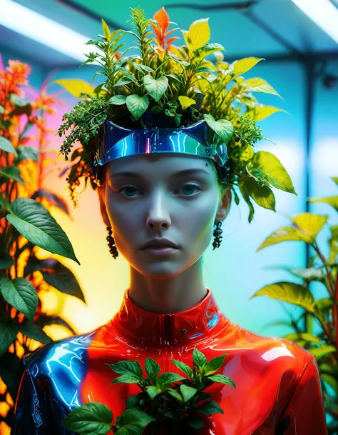 a woman in a red latex outfit with a flower crown on her head