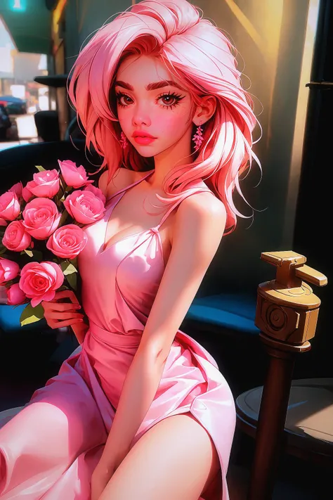 1girl, solo, medium breasts, pink dress, holding flowers, lipstick, Dim lighting, comic style, makeup, in street restaurant, 1970-s aesthetics, diffraction of light, visually appealing, balanced composition, elegant,  embedding:OverallDetail, <lora:1_5Styl...