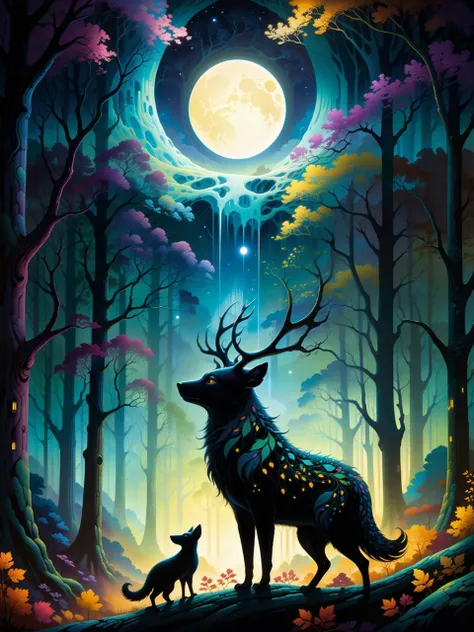 a painting of a deer and a cat in the woods