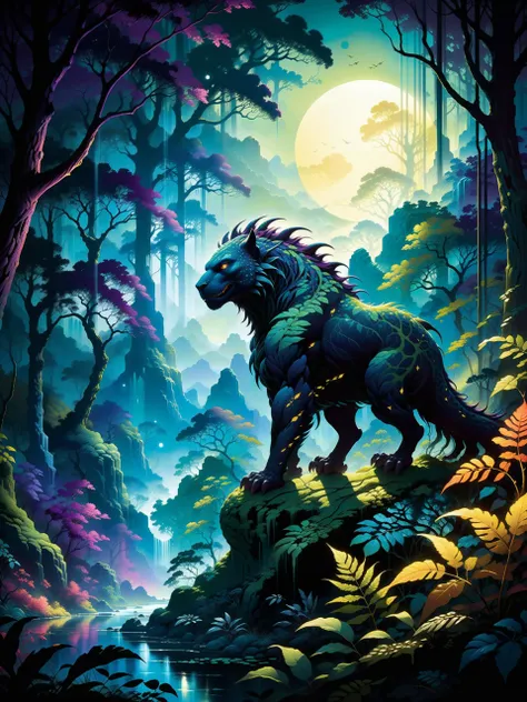 a painting of a black wolf standing on a rock in the woods