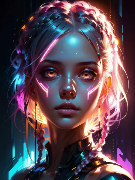 a woman with glowing hair and neon lights in her eyes