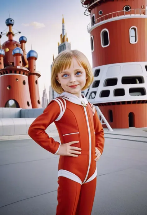 a close up of a child in a red suit standing in front of a building